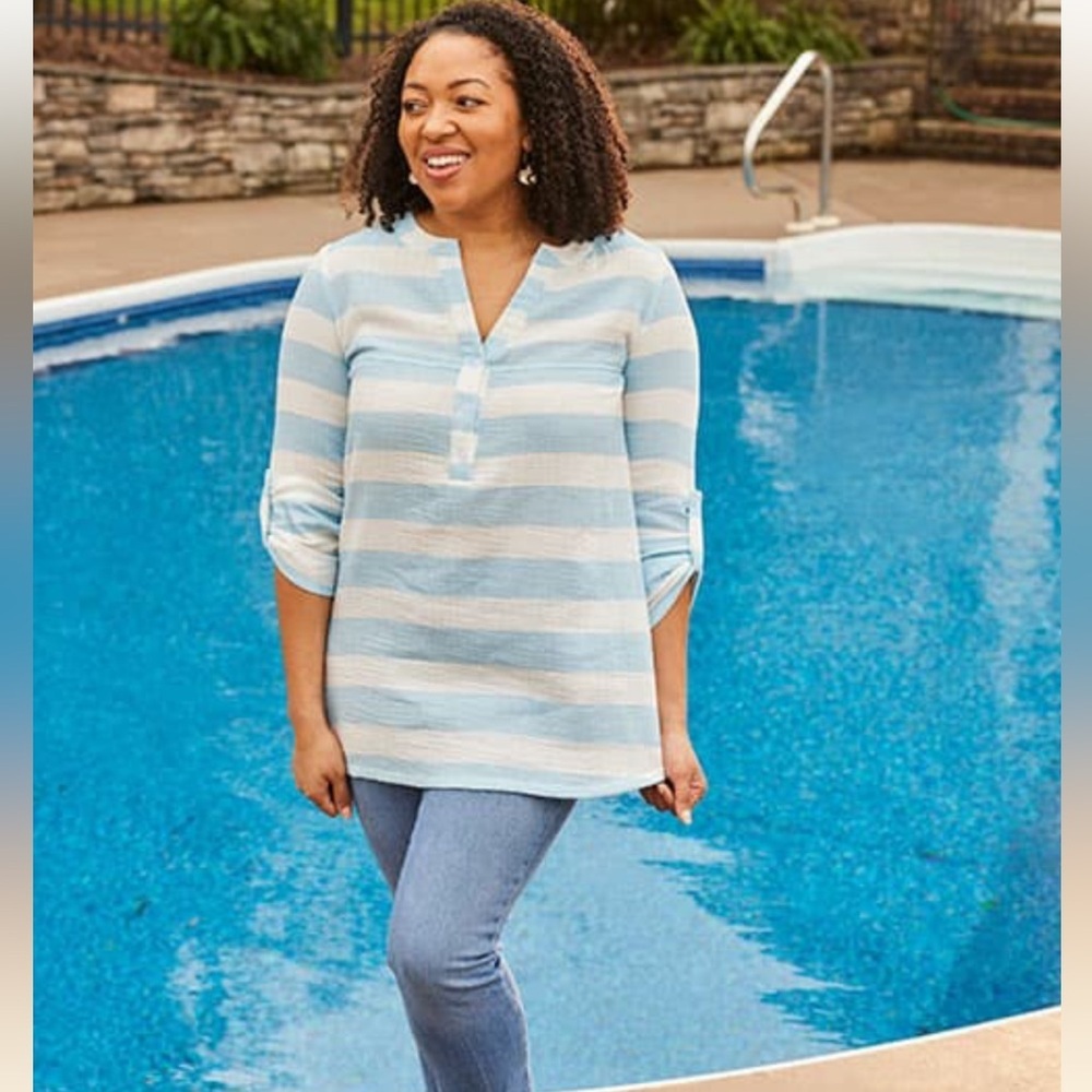 ⭐️Kaktus Double Gauze Blue Stripe Roll-tab Sleeve Tunic Top Size XL⭐️ NWOT